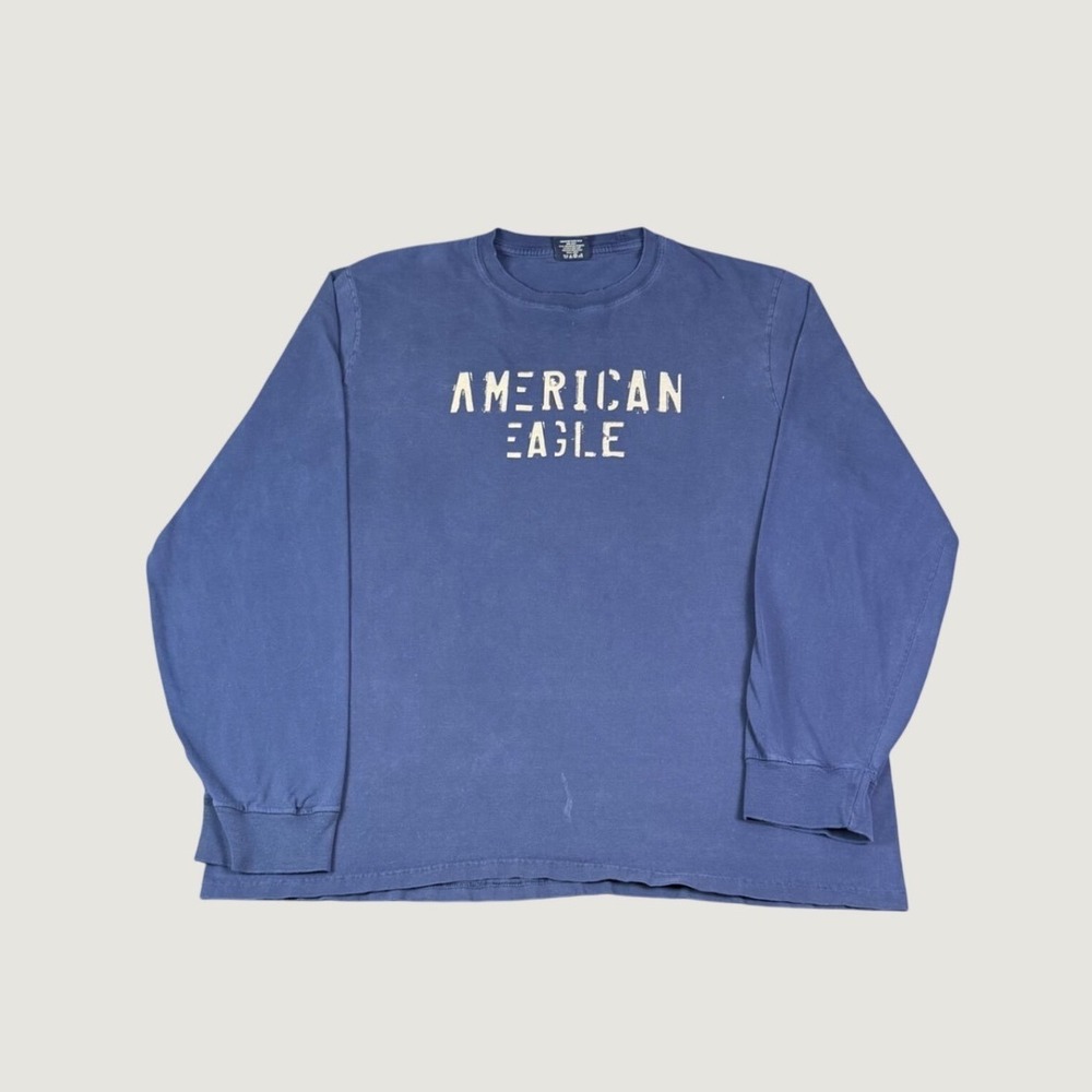 American Eagle Mens XL Blue Long Sleeve T-Shirt Distressed Logo Cotton AE77